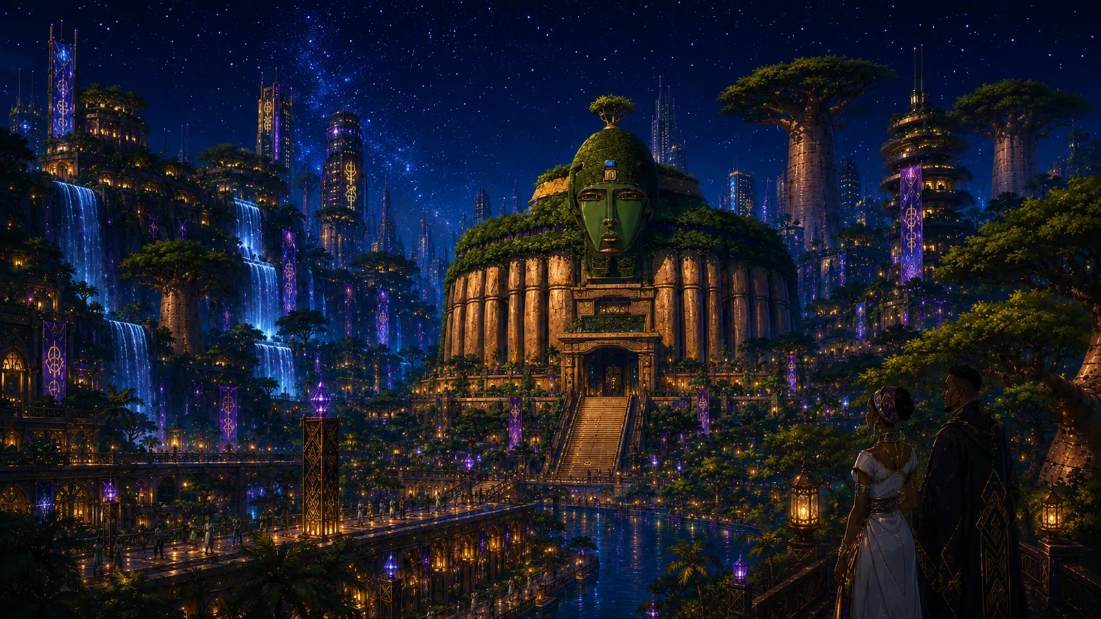 Orun's city at night, waterfalls and towers